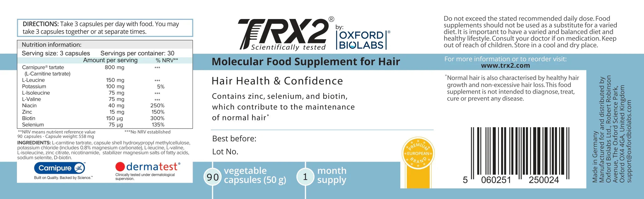 TRX2® product label — full ingredients, nutrition facts and directions